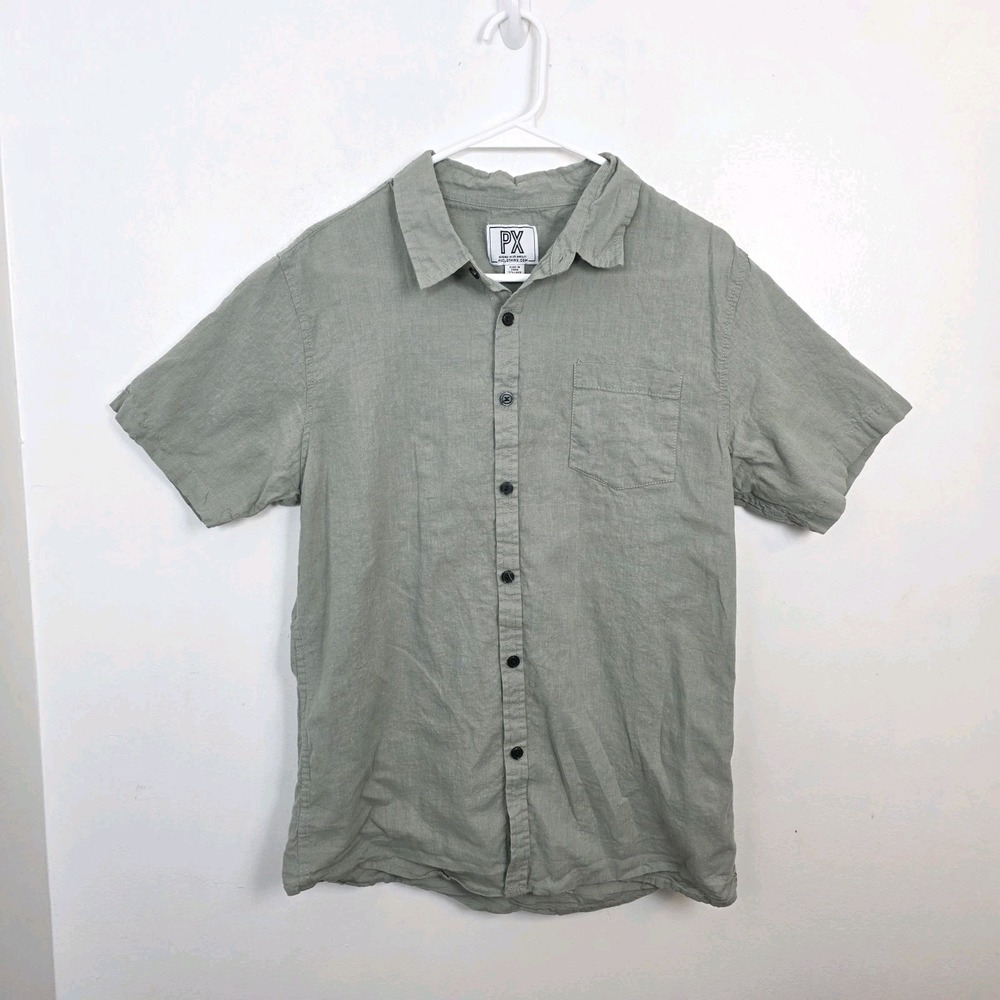 PX Clothing Sage Green Linen Blend Button Up Short Sleeve Shirt‎ Size Medium